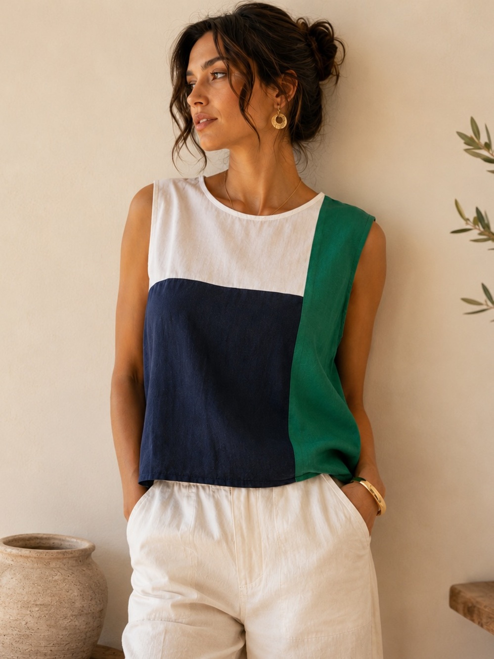 NWOT 100% Linen Colorblock Top Green Navy White